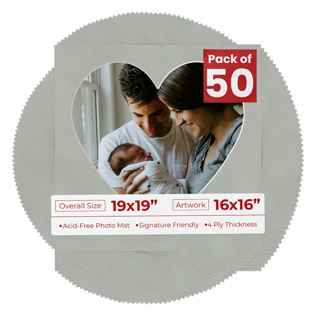 Light Grey Suede Mat Board for 19x19 Frames - Heart Opening for 16x16 Photos